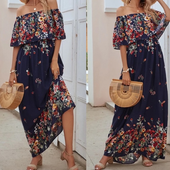 Dresses & Skirts - Boho floral print off shoulder maxi dress